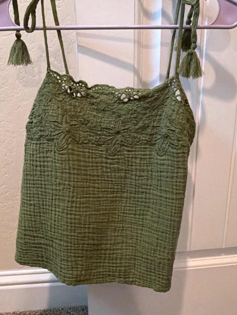 CO Olive Green Lace-Trim Tassel Cami